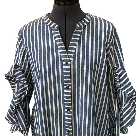 Given Kale Dress Size M Cotton Blue/White Print Button Down V-Neck Tunic Stripe - Picture 2 of 10